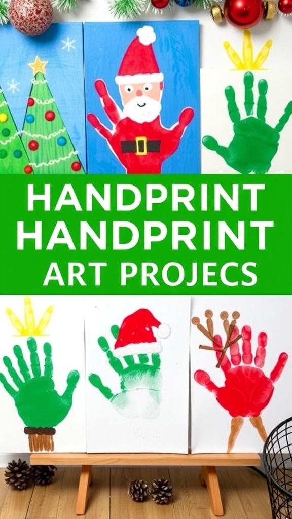 Handprint Christmas art projects with colorful designs of trees, Santa, and reindeer on canvas.